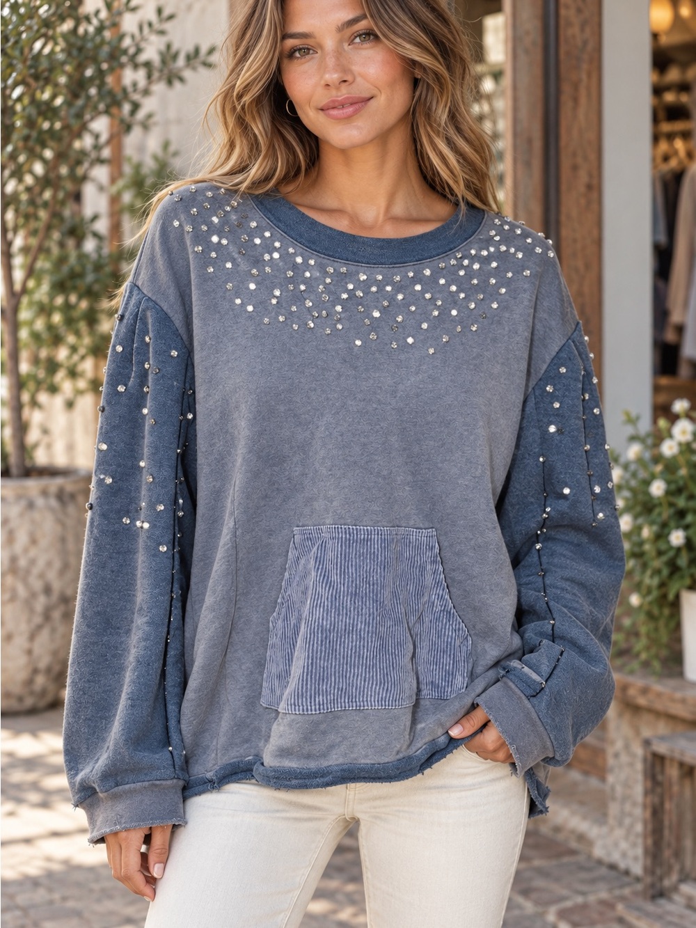 POL Washed Blue Embellished Crewneck Sweatshirt (121167) ✨